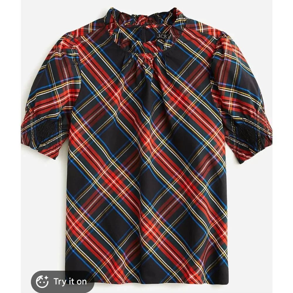 J.crew plaid ruffle neck puff sleeve top M